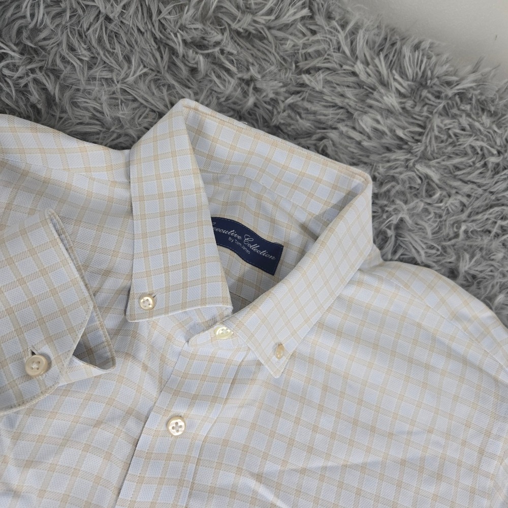 Tom‎ James Executive Collection Shirt Mens XL Tan White Check Button Down Dress